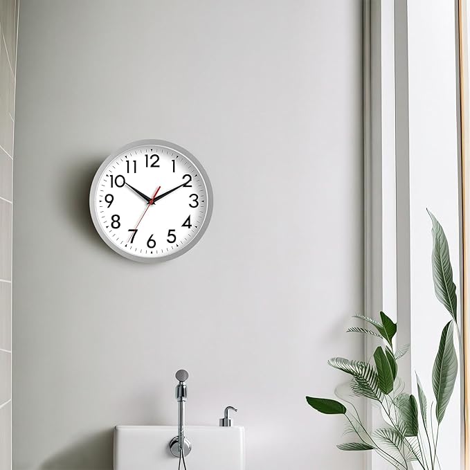 Wall Clock Modern Battery Operated 10 Inch Simpel Silent Non Ticking Decorative for Kitchen Office Outdoor Bedroom Living Room School Classroom(Silver)