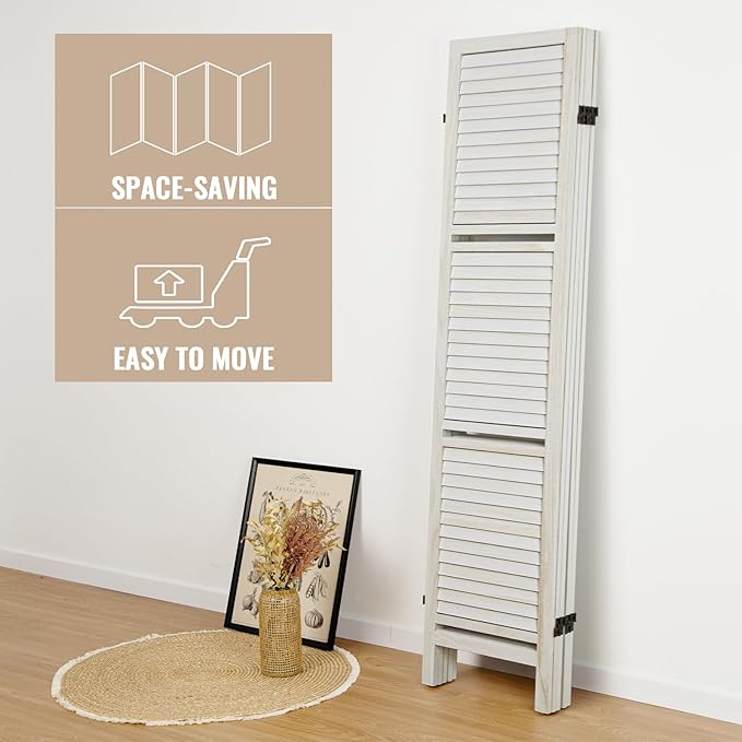 Room Divider with Shelves, Privacy Screen, Room Dividers and Folding Privacy Screens, 5 Panel Wood Temporary Wall Partition Separation Separator, White