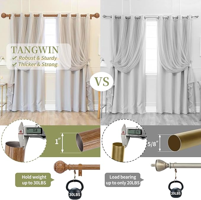 Wood Curtain Rods for Windows 66 to 120 Inch(5.5-10ft),1 Inch Adjustable Curtain Rod,Heavy Duty Curtain Rods,Wooden Netted Texture Drapery Rods,Single Window Curtain Rod 66-120",Brown Wood