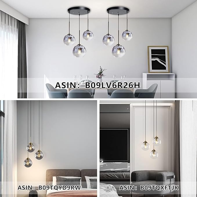 KCO Lighting Modern 3-Light Hanging Light Fixture Silver Gradient Glass Globe Pendant Ceiling Lighting with Adjustable Cord Mid Century Hanging Chandelier Light Fixture for Kitchen Island Bedroom…