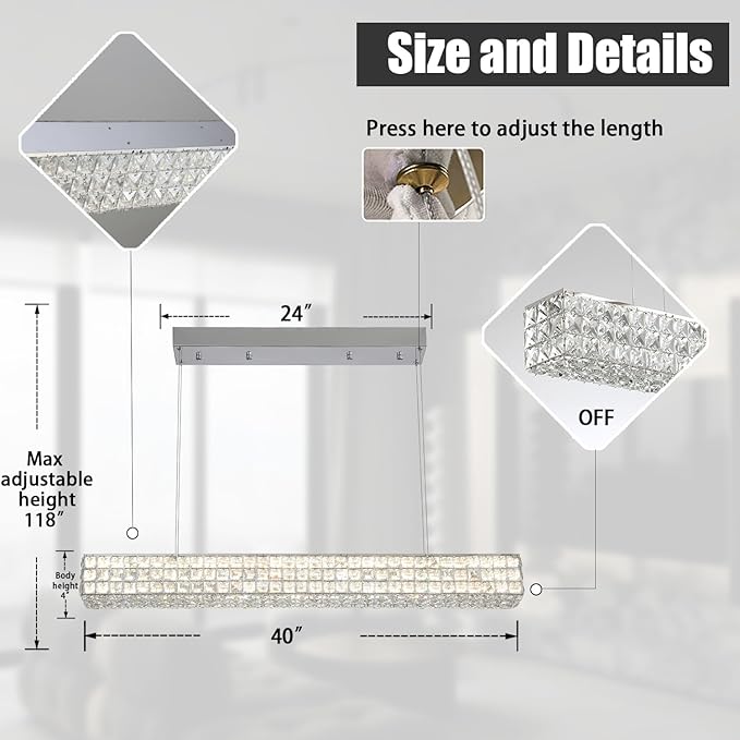 Modern Crystal Chandelier Silver Rectangular Crystal Chandelier Contemporary Linear Pendant Ceiling Light Fixture for Living Dining Room Kitchen Island (L 40")