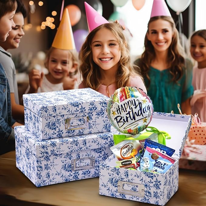 Briful Blue and white Porcelain Storage Boxes, Photos Storage Boxes with Lids 4 in 1 Set Water-proof Gift Boxes Sets Decorative Multiple Size Storage Bins for Clothes/Shoes/Office/Cosmetic/Books