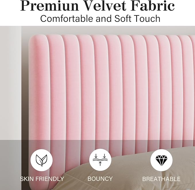 Full Size Bed Frame with Headboard, Velvet Upholstered Platform Bed with Vertical Channel Tufted Design, No Box Spring Required, Easy Assembly, Pink