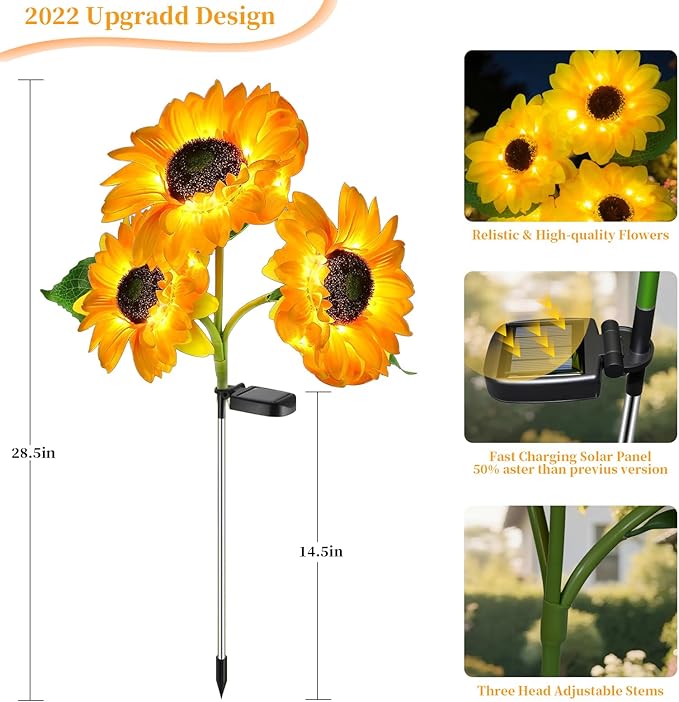 Outdoor Solar Garden Stake Lights,Upgraded LED Solar Powered Light with 3 Sunflower, Waterproof Solar Decorative Lights for Garden, Patio, Backyard (1 Pack 3 Flower)