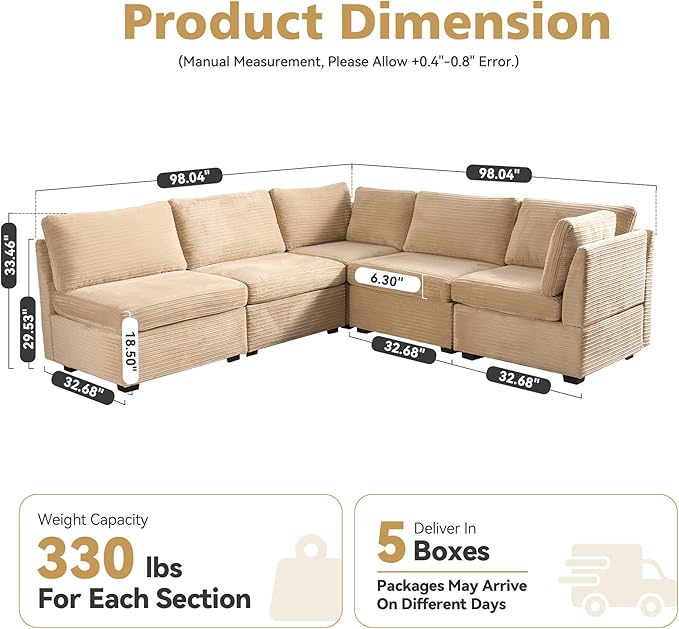 Modular Sectional Sofa with Chaise U Shaped Sectional Couch for Living Room, 5-Seater Comfy Cloud Couches, Plush Corduroy, Beige