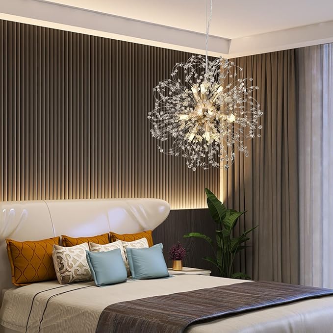 Modern Sputnik Chandeliers for Dining Room, Gold Dandelion Ceiling Hanging Lamp, Round Crystal Beaded Pendant Lights for Bedroom Living Room Farmhouse Kitchen Island (Gold 9Lights)