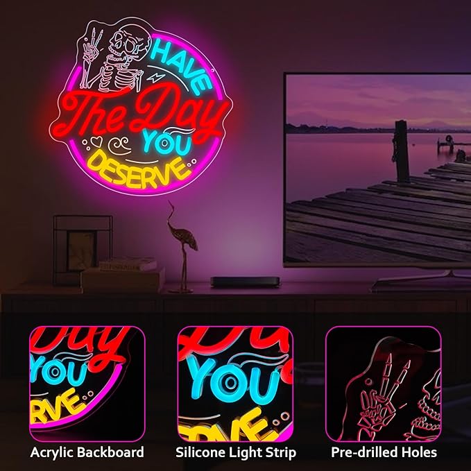 Have The Day You Deserve Neon Sign,Funny Skull Neon Signs For Wall Decor,USB Dimmable LED Neon Light signs for Bedroom,Party, Bar, club,Living Room Halloween Decoration Gifts