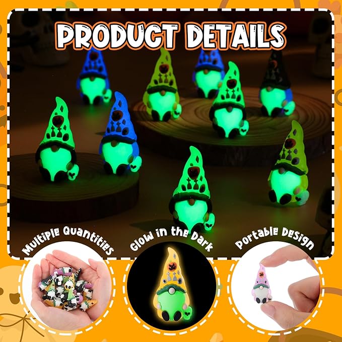 Wesiti 25 Pcs Luminous Halloween Mini Gnomes Figurines Bulk Glow in Dark Miniature Ornaments Hide and Seek Tiny Gnomes Figures Statue Halloween Party Favor Bag Fillers Garden Dollhouse Decor Gifts