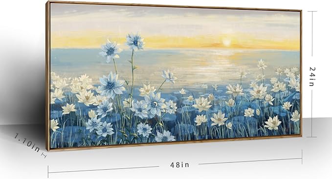Large Framed Wall Art for Living Room Bedroom Office Decor, Modern Beach Canvas Wall Art Coastal Ocean Nature Blue Artwork Floral Sunrise/Sunset Zen Landscape Flower Wall Picture 48x24“