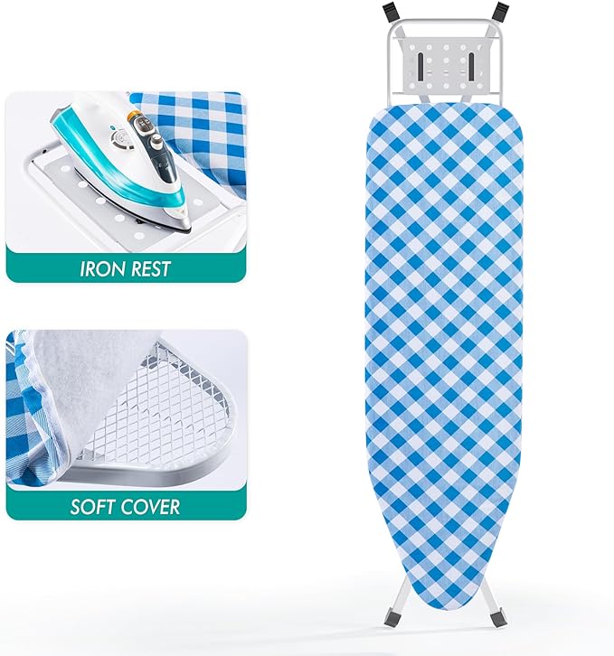 Ironing Board, Heat Resistant Cover Iron Board with Steam Rest, Non-Slip Foldable Ironing Stand. Heavy Sturdy Metal Frame Legs Iron Stand(13 * 34 * 53 Inches) (Blue White)