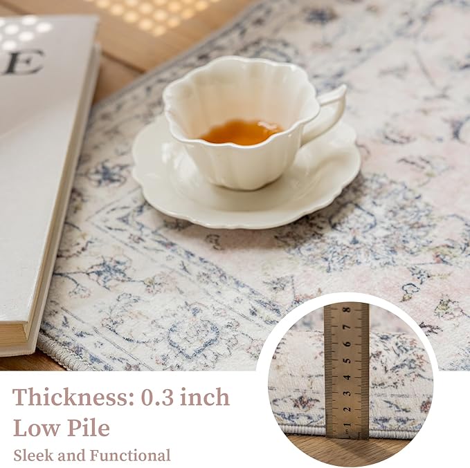 3'x5' Vintage Floral Rug - Persian Inspired Low-Pile Faux Wool Area Rug, Non-Slip Washable Small Rug for Bedroom, Nursery, Dorm, Soft Pink Boho Chic Decor