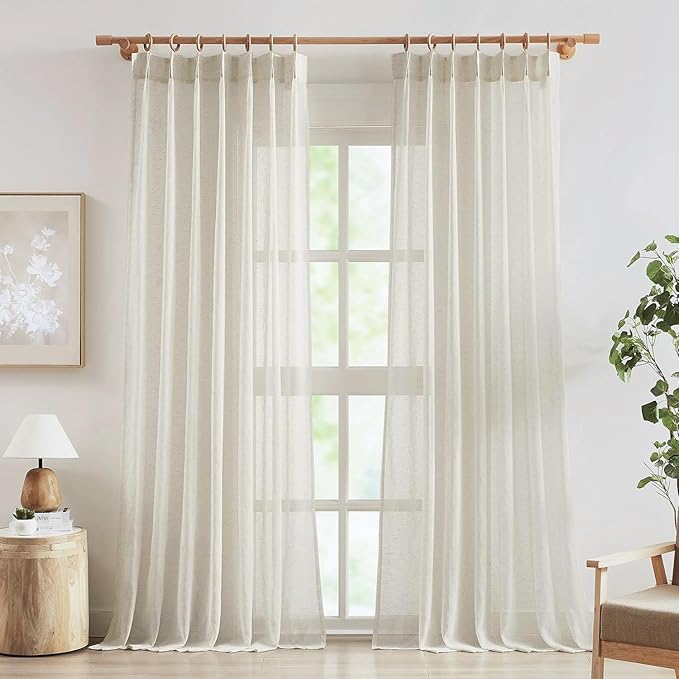 FMFUNCTEX Linen Sheer Pinch Pleated Curtains for Bedroom, Linen Flax Beige 72 Inches Long Sheer Curtain See Through Panels for Living Room, Natural Window Drapes for Farmhouse, Rod Pocket 2 Panels