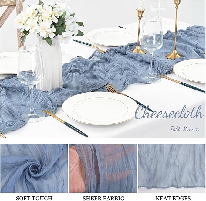 12 Pack Dusty Blue 10FT Cheesecloth Table Runner Rustic Gauze Fabric Cheese Cloth Table Runner for Wedding Bridal Baby Shower Table Decor 20 x 120 Inch Long Boho Sheer Birthday Party Table Decorations