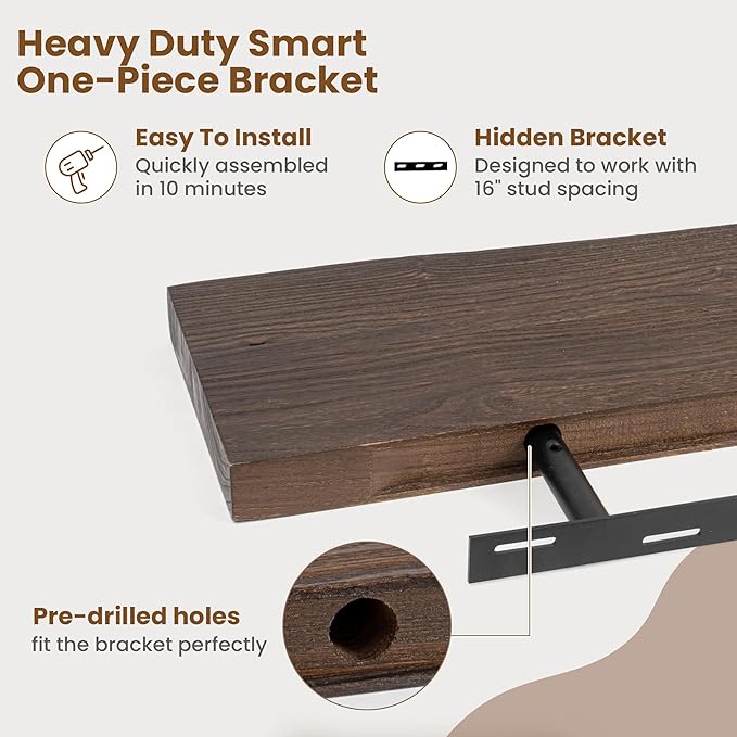 Floating Shelves for Wall Decor, Rustic Solid Elm Wood Live Edge Floating Shelves Wall Mounted, Wall Shelves with Invisible Bracket for Living Room Bathroom Bedroom Kitchen, 40 Inch Set of 1, Walnut