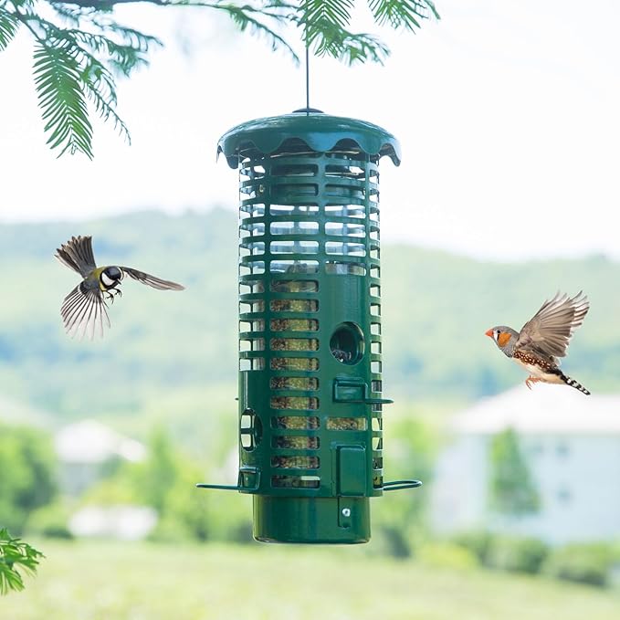 Squirrel Proof Bird Feeder Metal Mesh for Outdoors Hanging,Weight Activated Weatherproof Wild Bird Feeders with Finch Cardinal Chickadee,Large Capacity(Green)