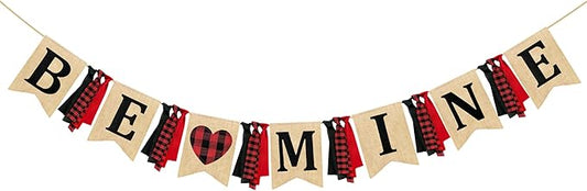 Valentine’s Day Party Decorations Be Mine Felt Sign Burlap Pennant Banner Flag Heart with Black Red Buffalo Plaid Fabric Ribbon for Valentine’s Day Wedding Birthday Party Supplies