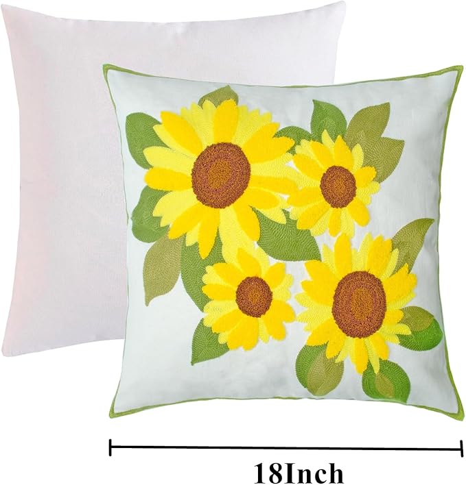 Embroidered Decorative Throw Pillow Cover, 18"x18" Set of 2, Farmhouse Pillowcase Yellow Sunflower Knit Pattern Cotton Canvas Cushion Case Square Floral Pillow Case for Sofa Couch Bed Living Room
