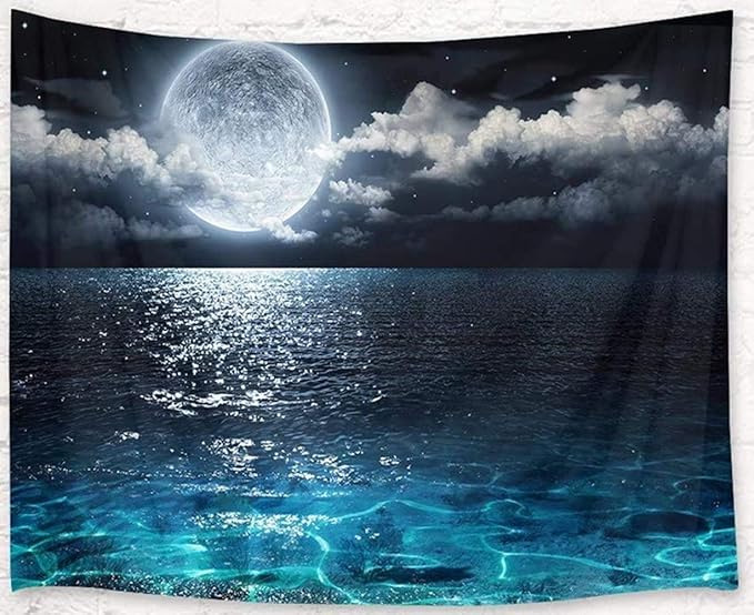 LB Moon Over Ocean Tapestry, Night Sky Tapestry Wall Hanging, 3D Fantasy Psychedelic Watercolor Wall Art for Bedroom Living Room Dorm Home Decor, 60 x 40 Inches