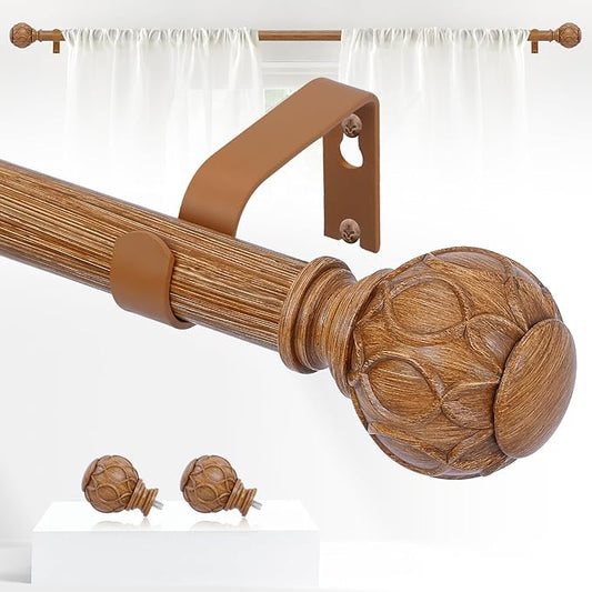 Wood Boho Curtain Rods for Windows:36-88Inch Wooden Farmhouse Curtain Rod for Bedroom Living Room,Heavy Duty Adjustable Rustic Decorative Drapery Rods with Vintage Imitation Wood Finial,Brown