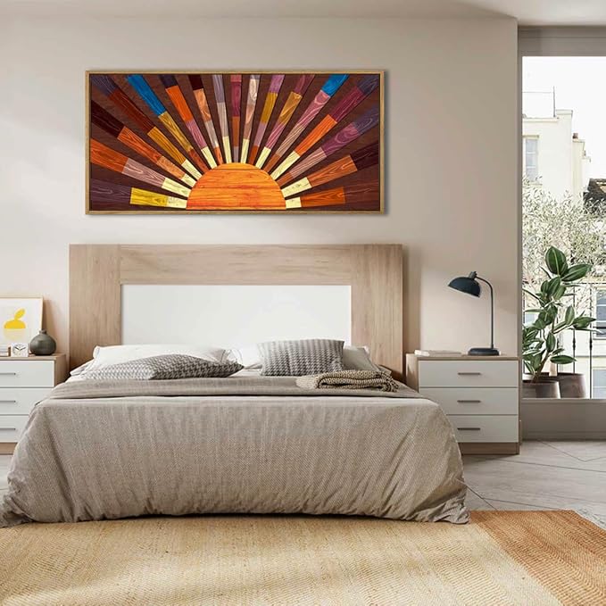 IARTTOP Extra Large Boho Sun Wood Wall Art for Living Room Wooden 3D Framed Abstract Sun Rising on the Horizon Geometric Wall Decor Mid century Sunshine Artwork Home Bedroom Office20 * 40 Inch