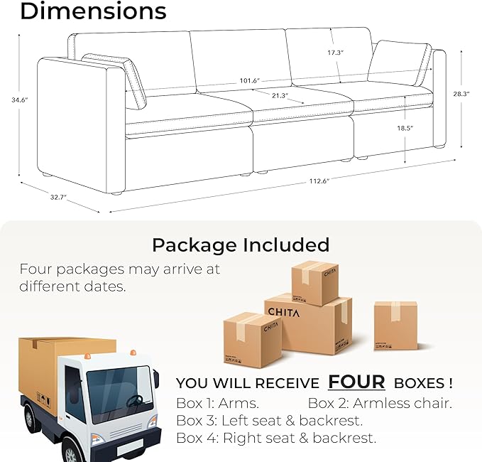 CHITA Sectional Sofa Set, Comfty Cloud Couch, FSC Certified Deep Seat Sectional Couch for Lving Room, 112 inch Width, 3 Seat Modern Modular Sofa, Linen