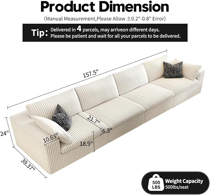 157.5" Cloud Couch Modular Sectional Sofa for Living Room,Modern Sofa with Deep Seat，4 Seater Boneless Couch,Comfy Upholstered Corduroy Couches for Apartment, Studio, Office,Bedroom，White