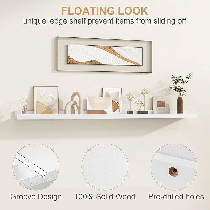 Floating Picture Ledge Shelves 48 Inch Solid Oak Wood Set of 2, Rustic Wall Storage Shelves with Lip, Kids Bookshelf, Photo & Picture Ledge Shelves for Bedroom, Living Room, Kitchen