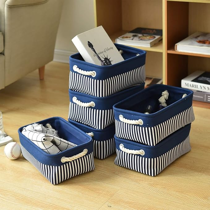 TcaFmac Small Storage Baskets [6 Pack] - Navy Blue Rectangular Storage Bins with Blue Stripes