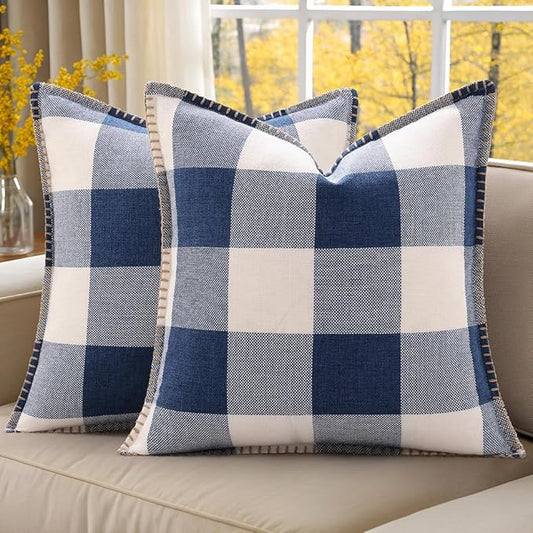 decorUhome Buffalo Plaid Check Throw Pillow Covers 18x18 Set of 2, Outdoor Decorative Farmhouse Neutral Pillow Covers with Stitched Edge for Bed Couch Sofa, Navy Blue and White