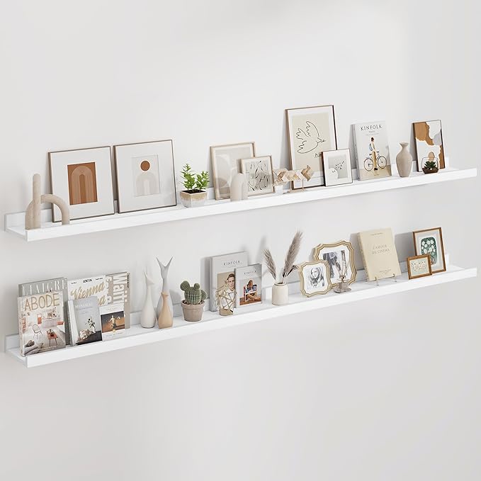 Floating Picture Ledge Shelves 72 Inch Solid Oak Wood Set of 2, Rustic Wall Storage Shelves with Lip, Kids Bookshelf, Photo & Picture Ledge Shelves for Bedroom, Living Room, Kitchen