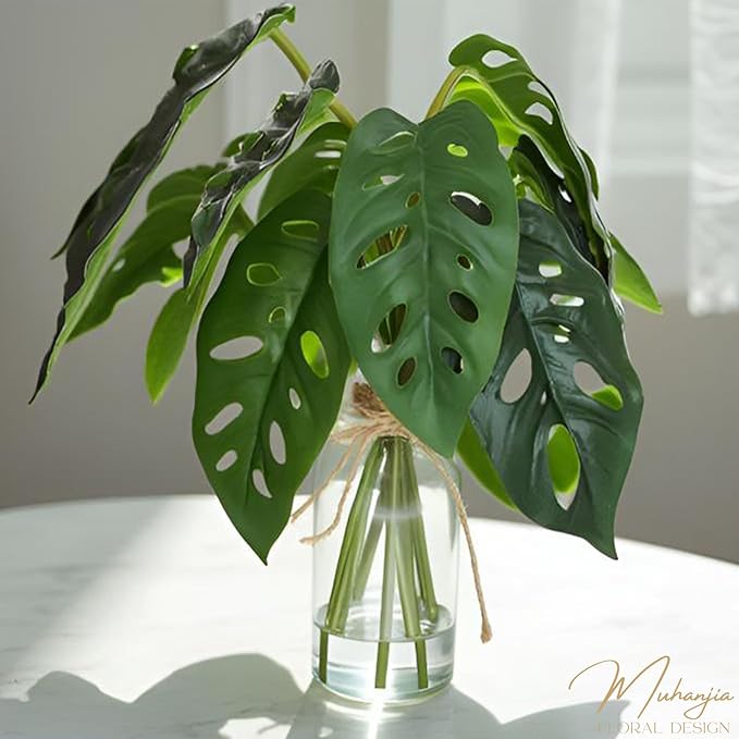 Artificial Flowers Turtle-Back, Alocasia Leaf, in Glass Vase with Faux Water,7Pcs Artificial Leaves Real Touch Latex Leaves for Centerpiece (2, Turtle-Back&Alocasia Leaves)