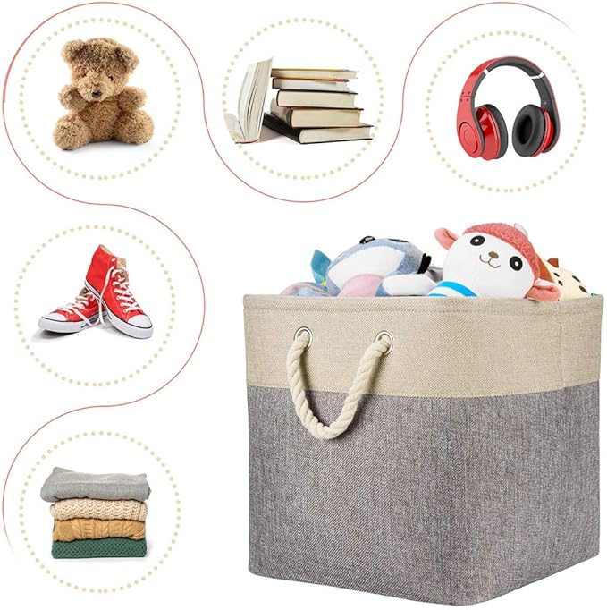 i BKGOO 3Pack Large Foldable Storage Bins，Collapsible Sturdy Cationic Fabric Organizing Storage Basket Cube with Cotton Handles for Home Office Shelf Clothes Toys Khaki-Grey 13×13×13 inch