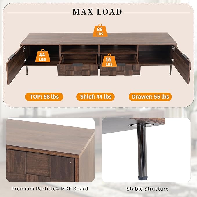 Modern TV Stand for TVs up to 85", Mid-Century Media Console with Checkered Cabinet Doors, Storage Drawers & Open Shelves, Wood Entertainment Center with Metal Legs