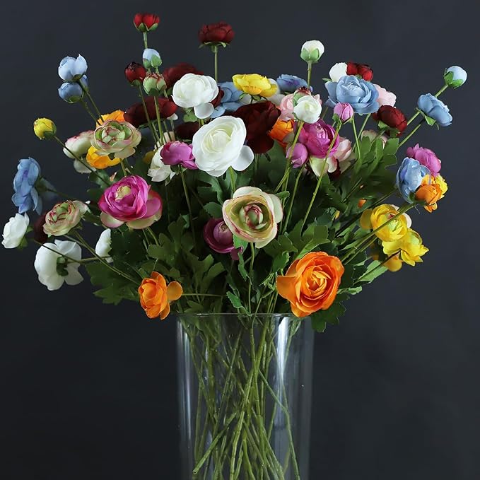 Artificial Silk Flowers Persian Buttercup Bicolor Ranunculus Flower 5 Pcs,Suitable for core Decoration,Wedding Floral Creation,Flower Arrangement DIY Project,Interior Decor（Green）