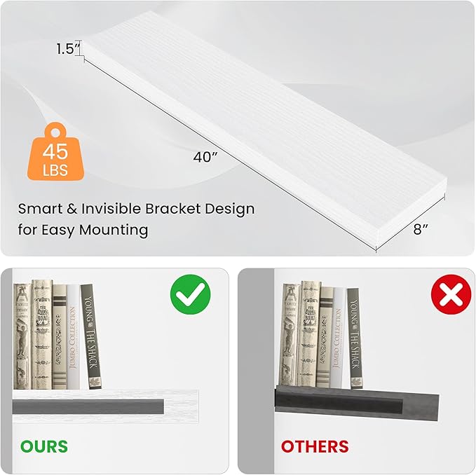 Floating Shelves for Wall,40" W x 8" D x 1.5" H, Wooden Wall Mounted Display Shelves with Invisible Brackets for Living Room, Bedroom, Bathroom, Kitchen Decor and Storage, Set of 2, White