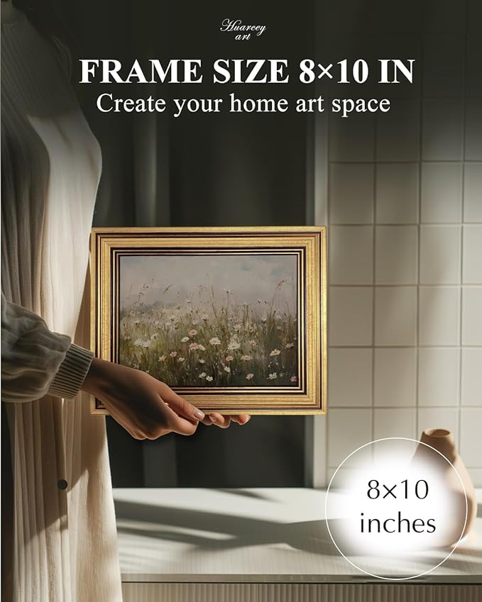 HUARCEY Gold Framed Vintage Wall Art for Living Room Wildflower Field Landscape Decor Aesthetic Mother Day Gift for Mom Oil Painting Flower Wall Print Floral Pictures Canvas Artwork Shelf Decor 8x10in