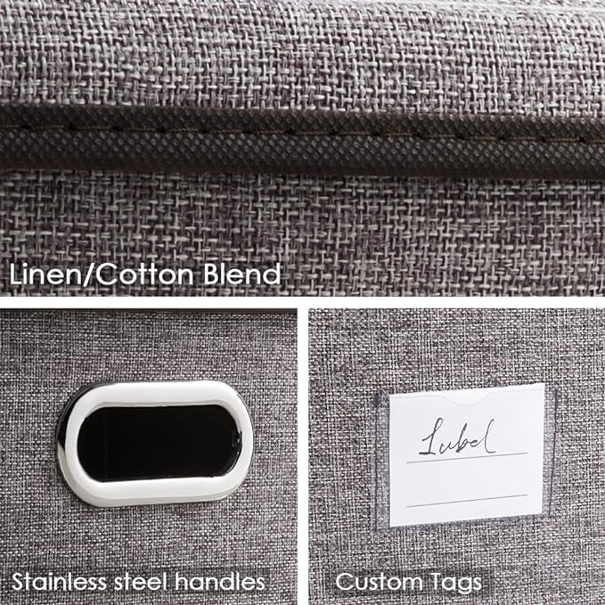 PRANDOM Collapsible Storage Containers with Lids [5-Pack] Linen Fabric Foldable Storage Bins Boxes Organizer Baskets Cube with Cover for Home Bedroom Closet Office Nursery (14.9x9.8x9.8)