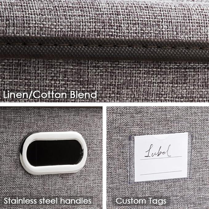 PRANDOM Large Foldable Storage Bin with Lid [1-Pack] Linen Fabric Decorative Storage Box Organizer Containers Basket Cube with Handles Divider for Bedroom Closet Office Living Room (17.7x11.8x11.8)
