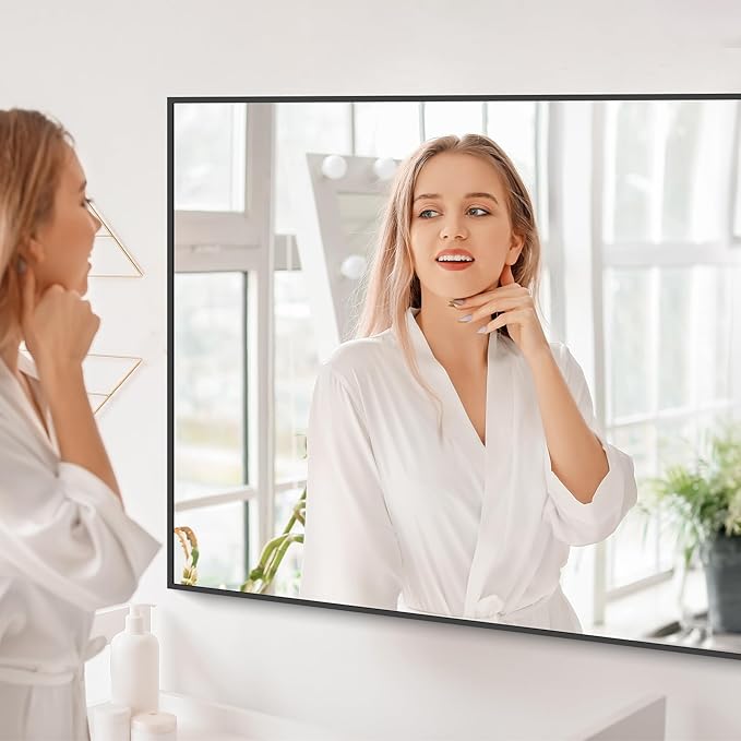 Black Bathroom Mirror for Wall, 30x48 Inch Rectangle Mirrors with Metal Frame, Modern Vanity Wall Mirror Decor for Bathroom Living Room, Entryway Hangs Horizontal or Vertical