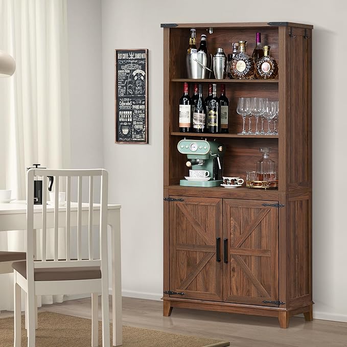 70in Tall Bookshelf 5 Tier Bookcase with Barn Doors and Adjustable Shelves, Brown Farmhouse Book Shelf with Storage Cabinet, Wood Freestanding Display Bookshelves for Bedroom, Living Room