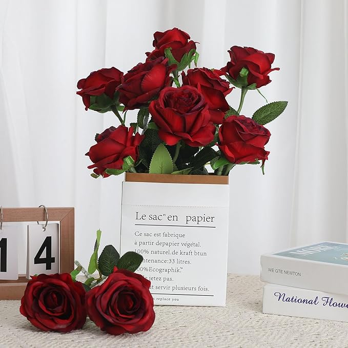 Burgundy Fake Roses Artificial Flowers - 16 Pcs Fake Artificial Roses Silk Flowers with Stems for Home Wedding Hotel Office Centerpiece Decor（Burgundy）