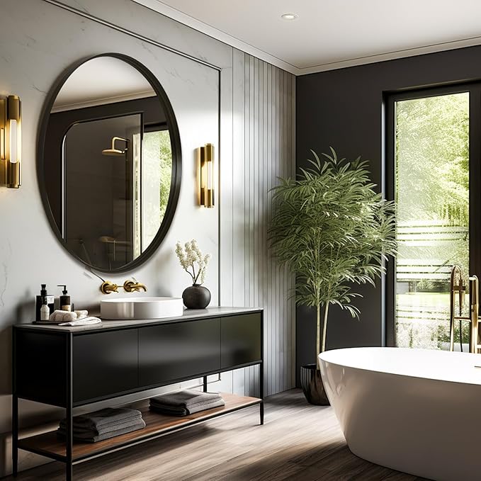 24 Inch Round Bathroom Mirror - Wall Mounted Circle Mirror with Metal Frame, Modern Mirror Suitable for Bathroom, Vanity, Entryway, Living Room, Wall Decor,Black