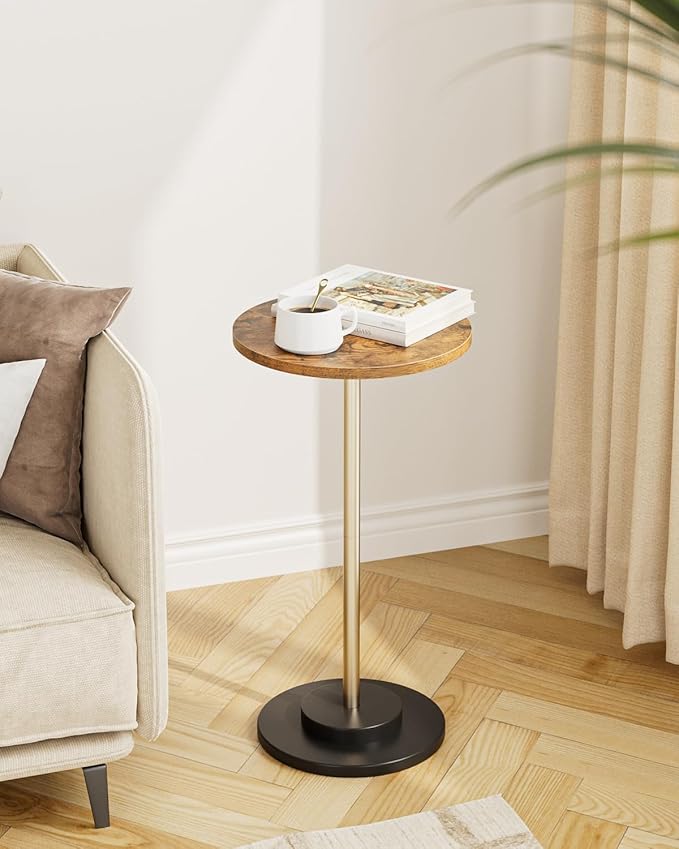 Masupu Drink Table, Round Side Table for Small Spaces, Pedestal Small End Table with Metal Base, for Living Room, Bedroom, Bathroom, Rustic Brown