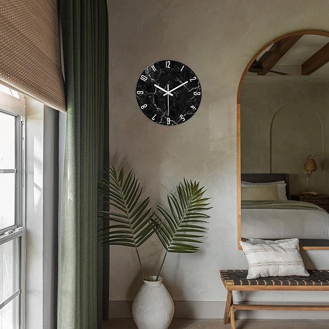 Black Minimalist Wall Clocks for Living Room Glass Marble Pattern Wall Clocks Battery Operated 12 Inch Abstract Wall Clock Non Ticking