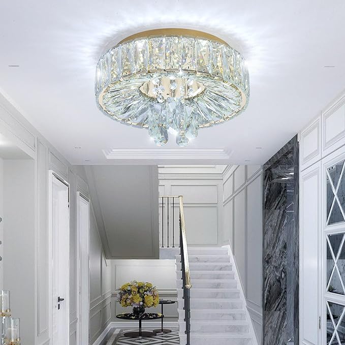 Mini Chandelier Modern Crystal Chandeliers for Hallway LED Flush Mount Ceiling Light Dimmable Light Fixture for Dining Room Living Room Bedroom