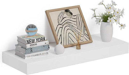 Heimlove 24 x 12 Inch Deep Floating Shelves Wall Mounted with Invisible Brackets,Storage Hanging Shelf for Wall Decor in Bathroom, Bedroom, Toilet, Kitchen, Living Room, Office Set of 1 (White)