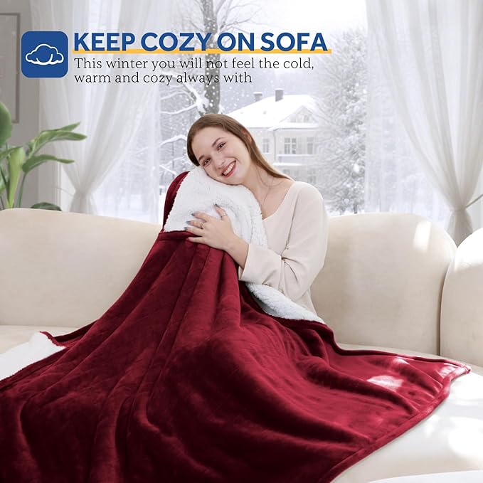 Sealy Electric Blanket Throw Size 50"*60",Super Cozy Flannel to Sherpa Reversible Heated Blanket Throw with 6 Heating Levels & 2-10 Hours Auto Off Overheating Protection Machine Washable,Red