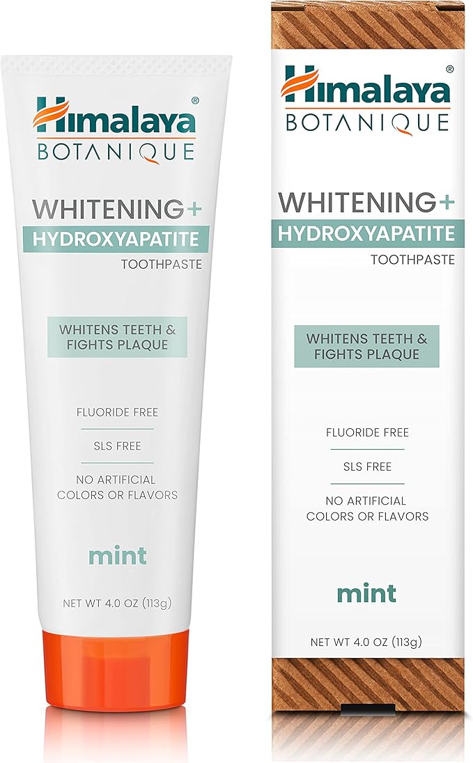 Himalaya Botanique Whitening + Hydroxyapatite Toothpaste for Whiter Teeth & Fresher Breath, Fights Plaque with Hydroxyapatite Support & Mint Flavor, Fluoride Free, SLS Free, & Vegan, 4.0 oz, 4 Pack