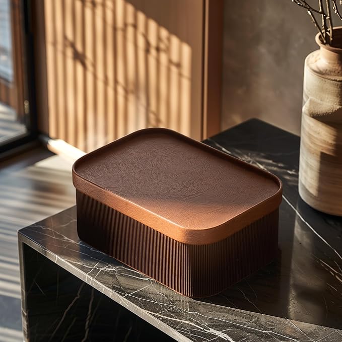 La Jolie Maison Fluted Cardboard Storage Baskets with Leather-Like Lids, Sturdy Stackable Paper Boxes Decorative Tray, Set of 3 Chestnut