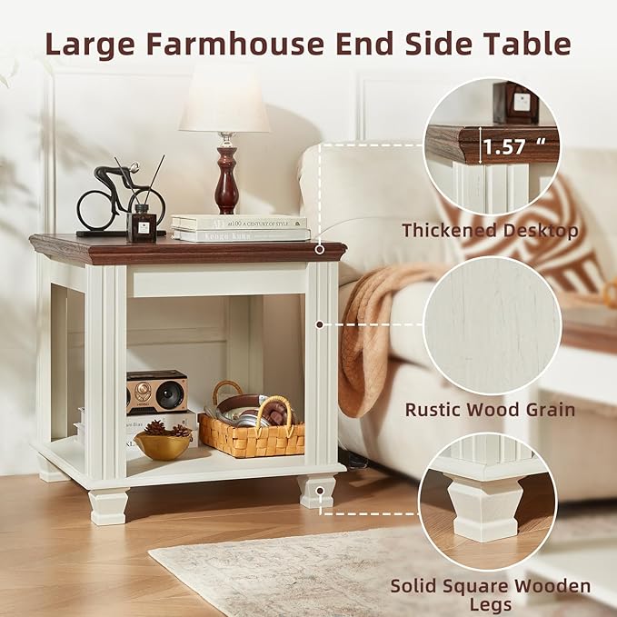 Farmhouse End Table Set of 2,Large Side Table with 2-Tier Storage Shelf,Rustic Wood End Tables for Living Room,Square Tea Table,White